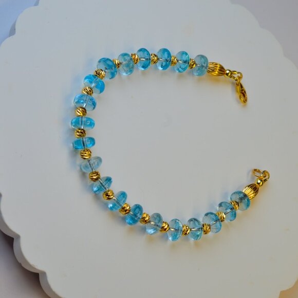 Aquamarine Bracelet  6.5" Gold Filled High Quality Rondelle Beaded Bracelet - Picture 5 of 8